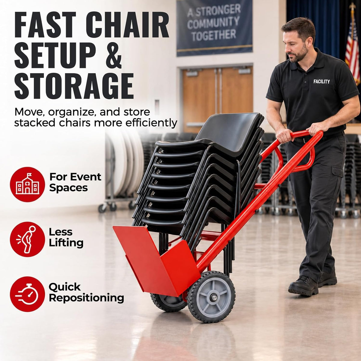 Maeklon 52'' x 22'' x 26'' Rolling Chair Transport Dolly, 7 Chair Capacity Cart, Carbon Steel Folding Chair Cart for Stacking Chairs, Portable Rolling Carrier for Events, Offices, Schools and Storage
