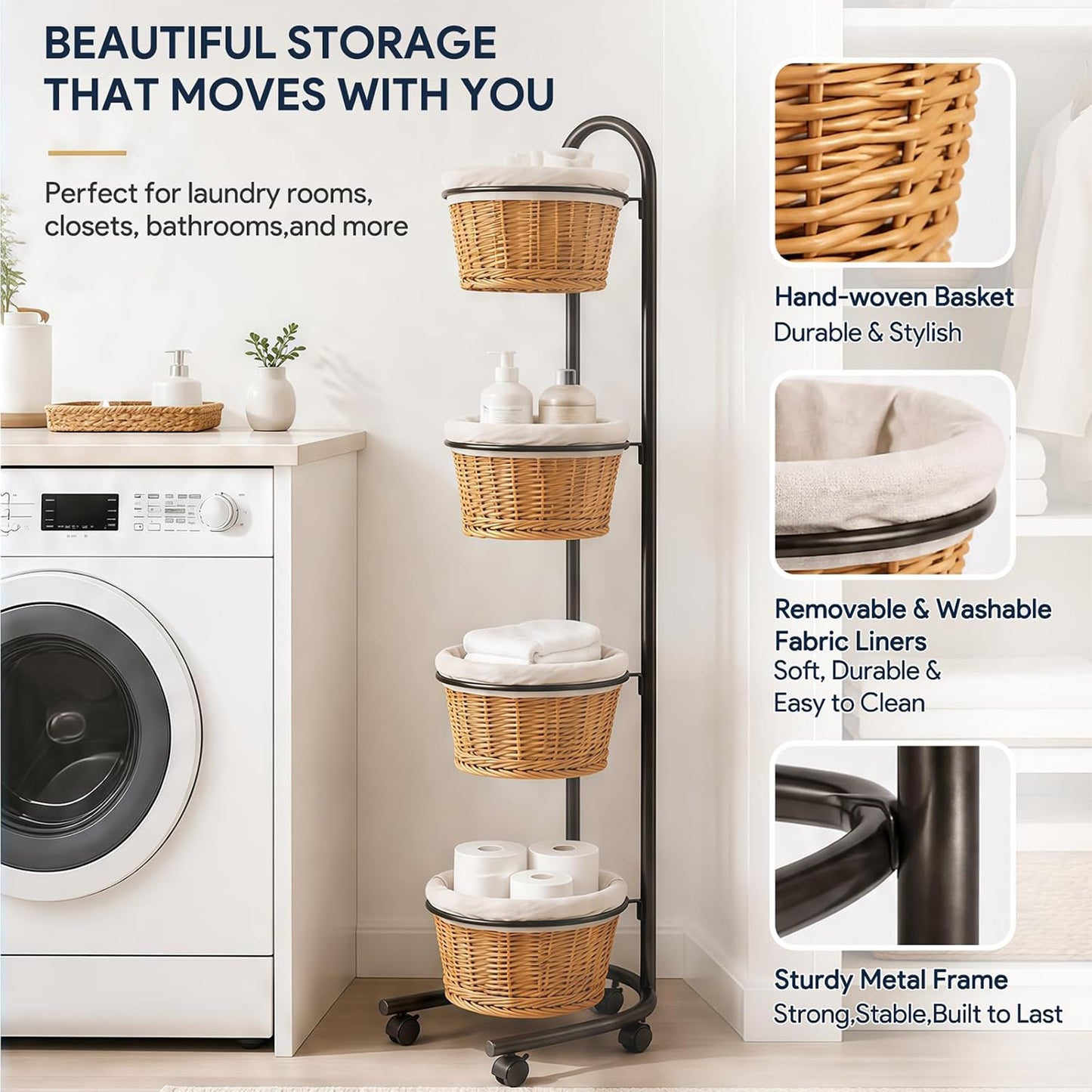 Maeklon 4 Tier Retail Display Stand with Baskets and Wheels, Floor Display Rack | Multi Tier Display Rack with Storage Baskets, 16.5" x 16" x 57.4" Produce Display Stand for Retail, Market and Home Use