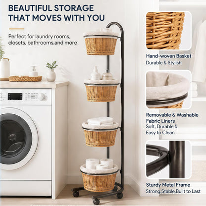 Maeklon 4 Tier Retail Display Stand with Baskets and Wheels, Floor Display Rack | Multi Tier Display Rack with Storage Baskets, 16.5" x 16" x 57.4" Produce Display Stand for Retail, Market and Home Use