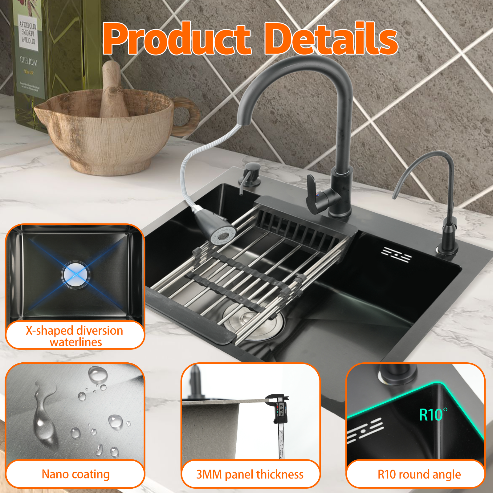 Maeklon 19.7x17.7in Kitchen Sink, T201 Stainless Steel Kitchen Basin with Pull-Down Faucet, In/Topmount Single Bowl Workstation withMultiple Accessories for Modern Kitchens, Farmhouse Workstation, Black