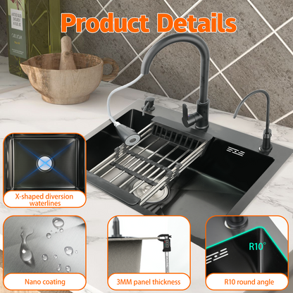 Maeklon 19.7x17.7in Kitchen Sink, T201 Stainless Steel Kitchen Basin with Pull-Down Faucet, In/Topmount Single Bowl Workstation withMultiple Accessories for Modern Kitchens, Farmhouse Workstation, Black