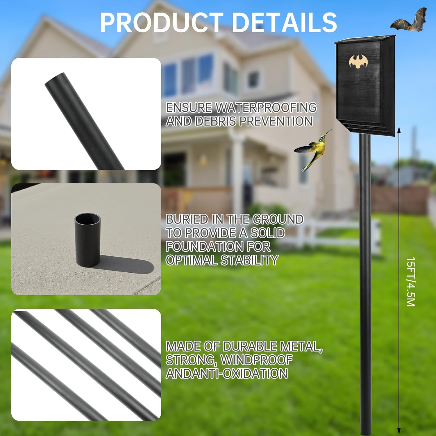 Maeklon 15 FT Telescoping Bird House Pole, Durable Bat House Pole with Ground Socket, Heavy Duty Outdoor Telescoping Bird Pole for Bat Houses, Purple Martin Houses and Wildlife Nesting
