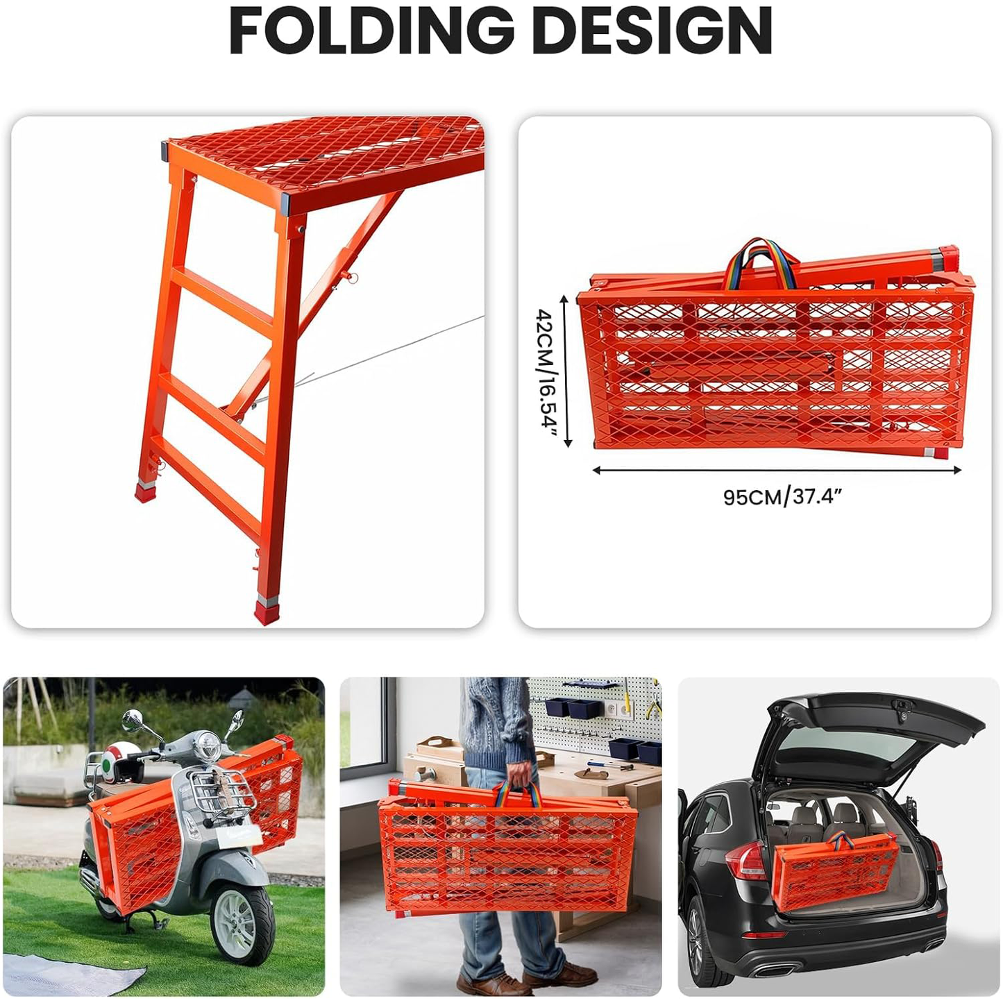 Maeklon Foldable Scaffolding Platform, 70.8x15.2x36.2-62 Inch Welded Steel Work Platform, 770 Lbs Capacity, Adjustable Height Industrial Step Ladders, Ideal for Painting, Wiring and Home Decor, Red