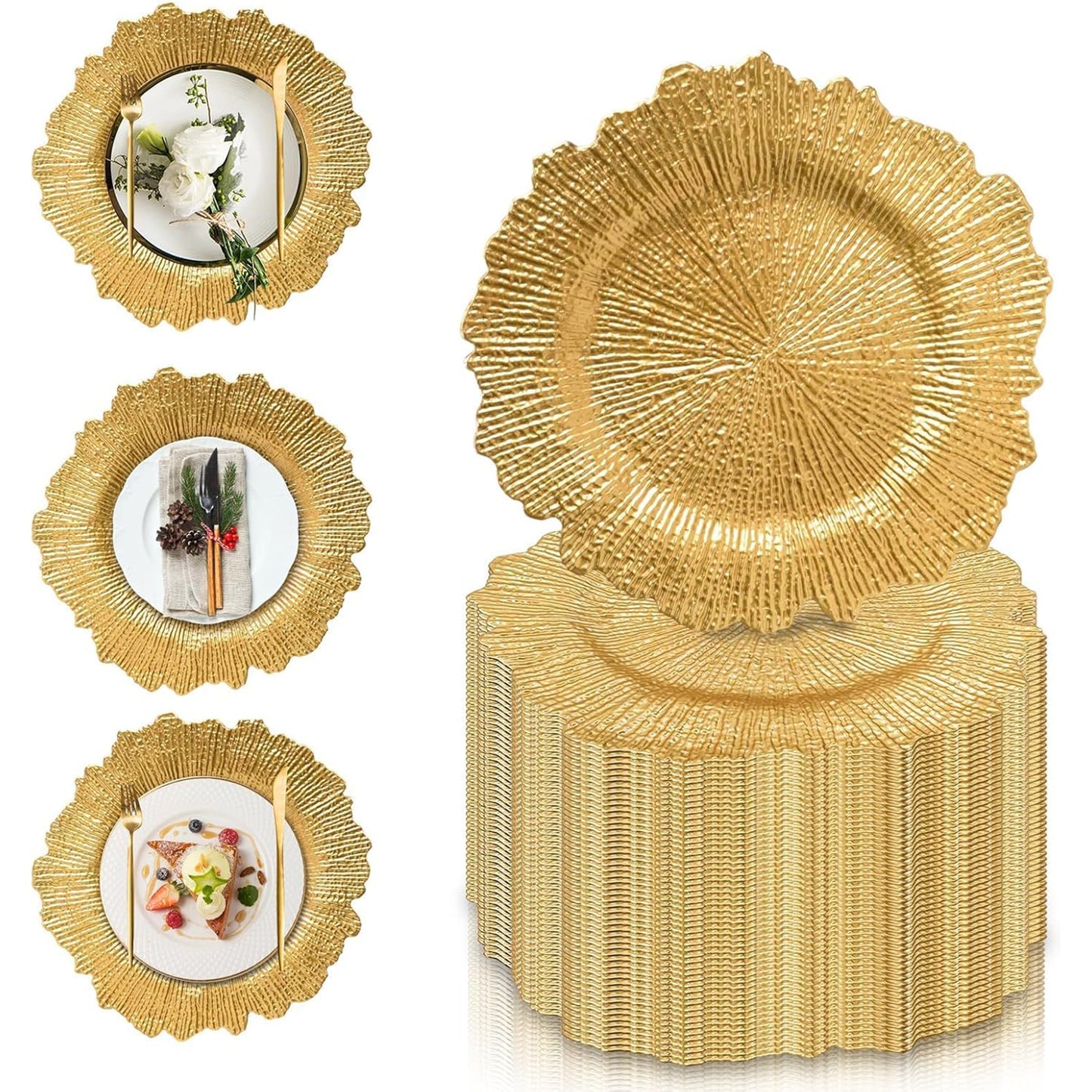 Maeklon 50 Pcs Gold Charger Plates Bulk, 13" Gold Reef Charger Plates for Wedding, Thanksgiving, Christmas, Plastic Chargers for Dinner Plates