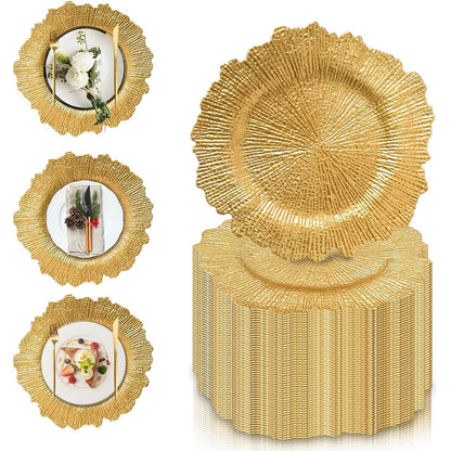 Maeklon 50 Pcs Gold Charger Plates Bulk, 13" Gold Reef Charger Plates for Wedding, Thanksgiving, Christmas, Plastic Chargers for Dinner Plates