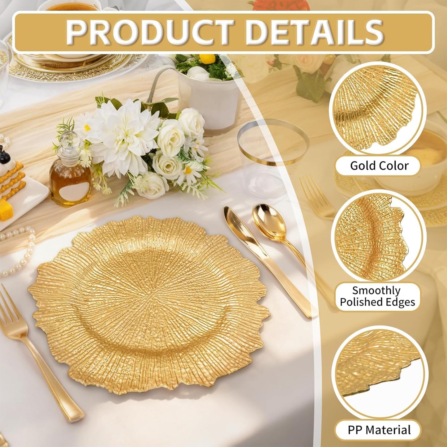 Maeklon 50 Pcs Gold Charger Plates Bulk, 13" Gold Reef Charger Plates for Wedding, Thanksgiving, Christmas, Plastic Chargers for Dinner Plates
