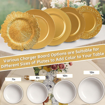 Maeklon 50 Pcs Gold Charger Plates Bulk, 13" Gold Reef Charger Plates for Wedding, Thanksgiving, Christmas, Plastic Chargers for Dinner Plates