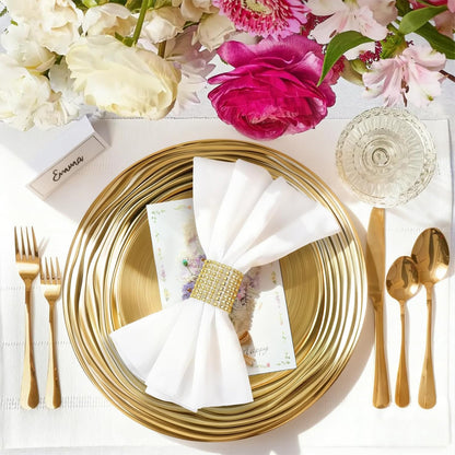 Maeklon 100 Pcs 13 Inch Charger Plates Bulk,Premium Round Gold Chargers for Dinner Plates, Plastic Dinner Gold Chargers for Table Setting Wedding Party Decoration