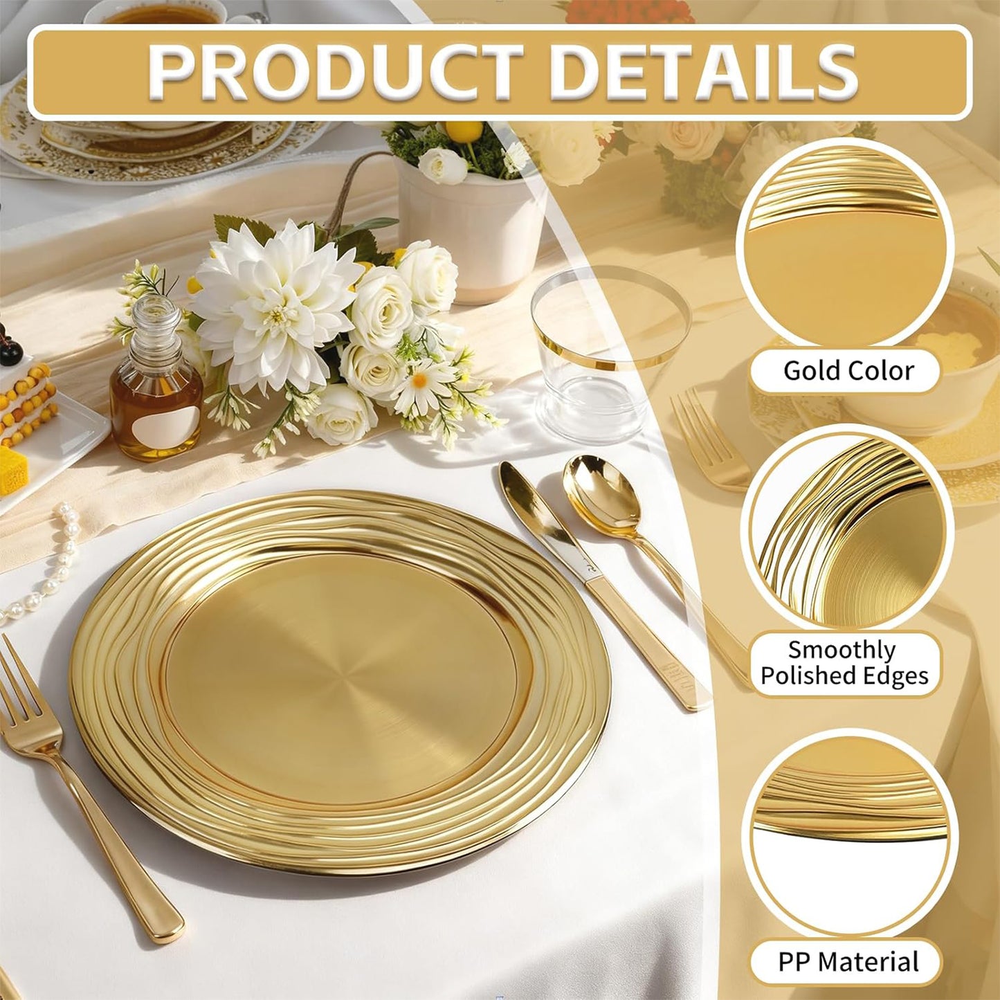 Maeklon 100 Pcs 13 Inch Charger Plates Bulk,Premium Round Gold Chargers for Dinner Plates, Plastic Dinner Gold Chargers for Table Setting Wedding Party Decoration