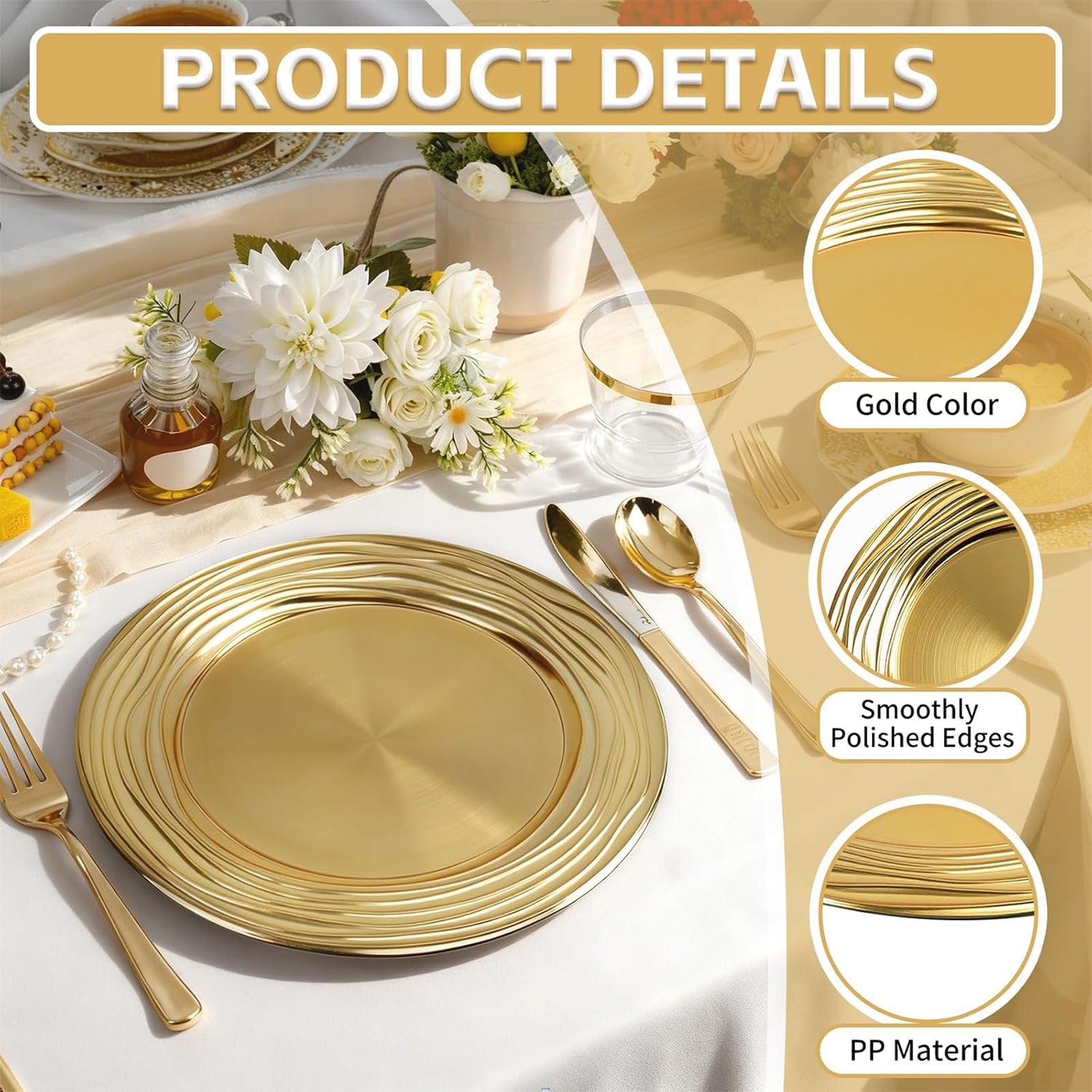 Maeklon 100 Pcs 13 Inch Charger Plates Bulk,Premium Round Gold Chargers for Dinner Plates, Plastic Dinner Gold Chargers for Table Setting Wedding Party Decoration