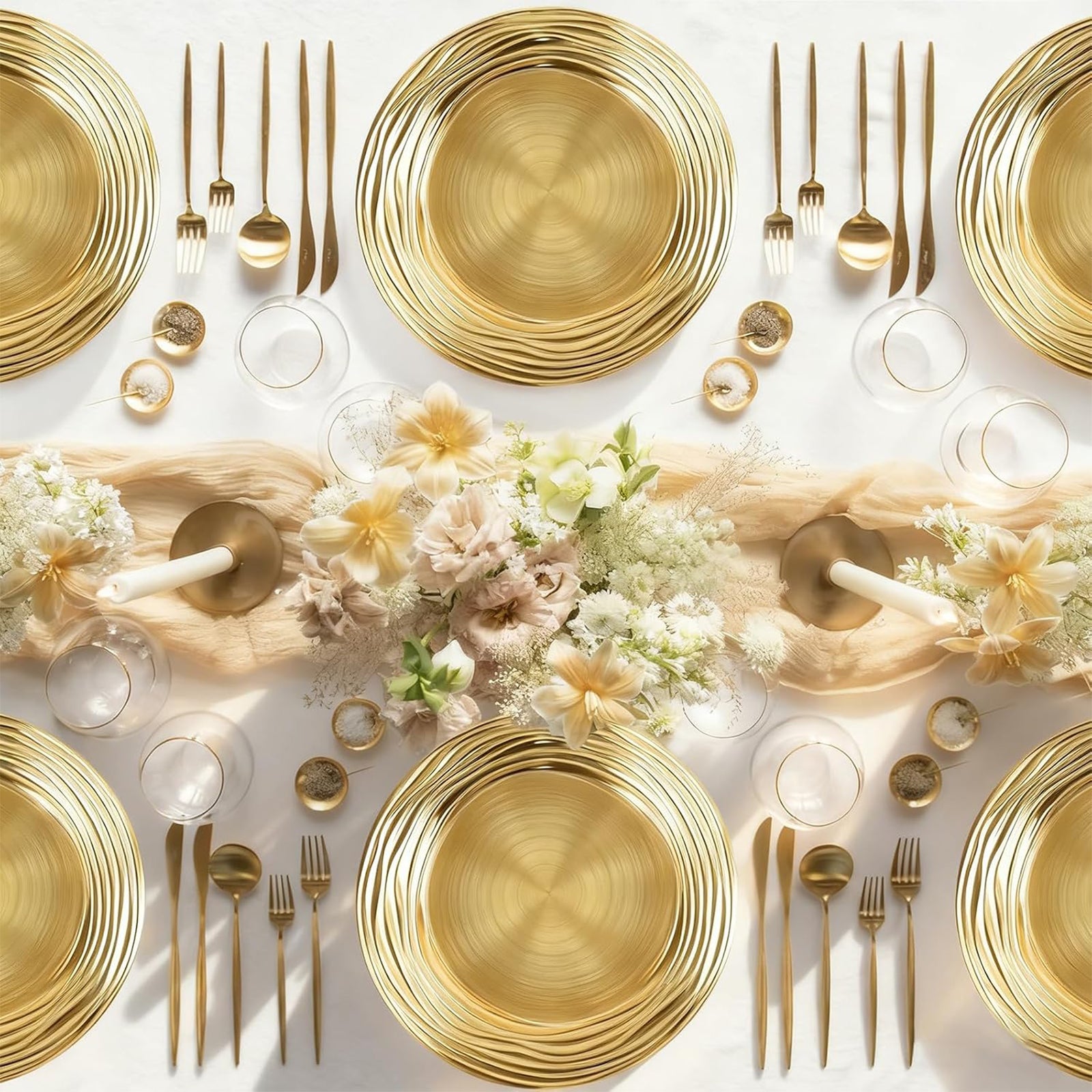 Maeklon 100 Pcs 13 Inch Charger Plates Bulk,Premium Round Gold Chargers for Dinner Plates, Plastic Dinner Gold Chargers for Table Setting Wedding Party Decoration