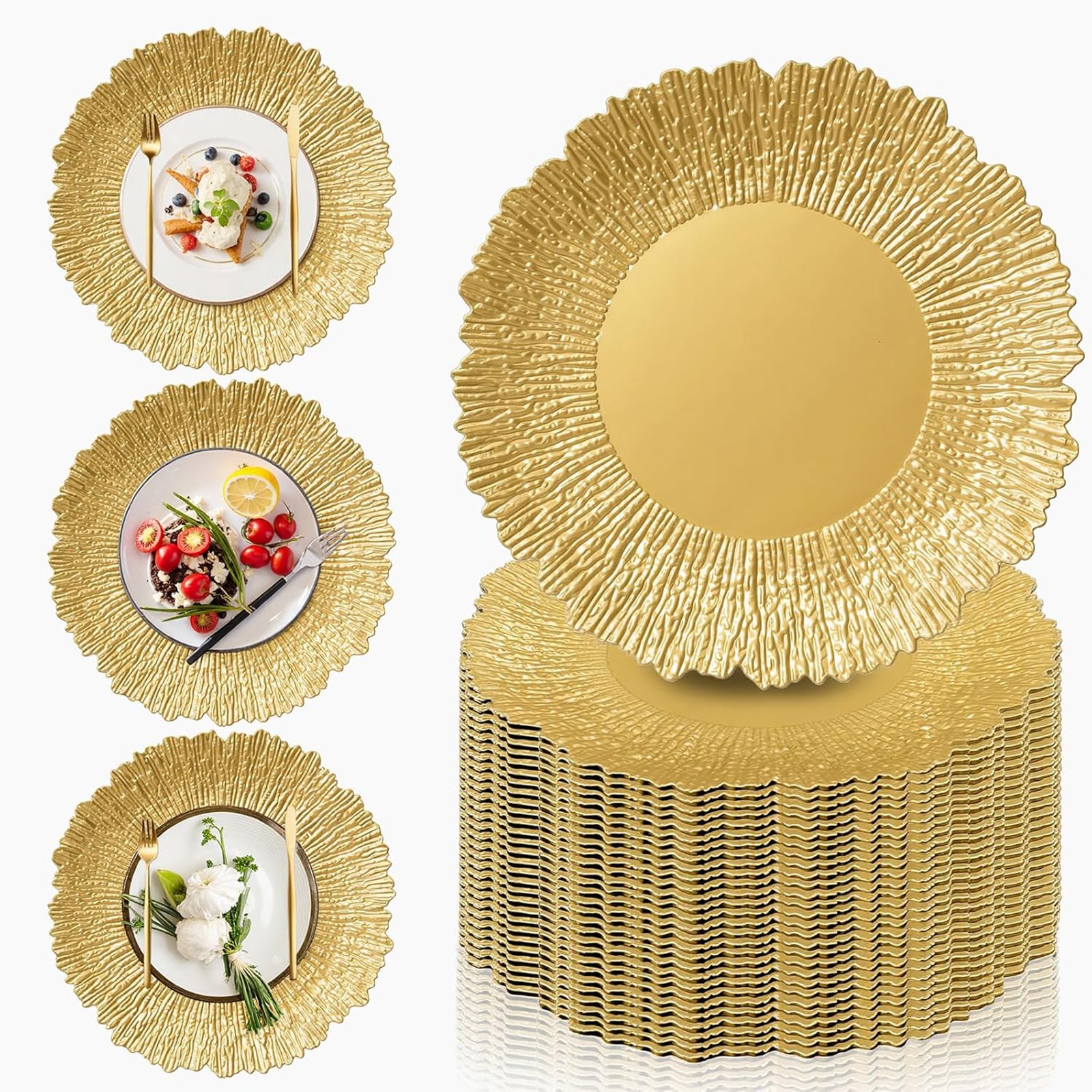 Maeklon 100 Pcs Gold Chargers for Dinner Plates, 13" Reusable Reef Serving Gold Chargers, Round Plastic Shiny Decorative Charger Plates for Wedding, Catering, Parties, Restaurant, Home Dinner Use