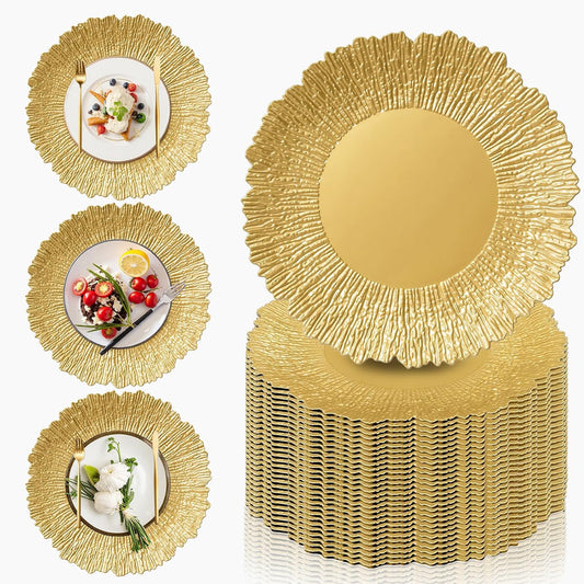 Maeklon 100 Pcs Gold Chargers for Dinner Plates, 13" Reusable Reef Serving Gold Chargers, Round Plastic Shiny Decorative Charger Plates for Wedding, Catering, Parties, Restaurant, Home Dinner Use