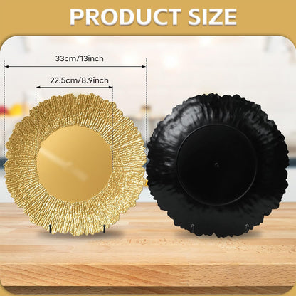Maeklon 100 Pcs Gold Chargers for Dinner Plates, 13" Reusable Reef Serving Gold Chargers, Round Plastic Shiny Decorative Charger Plates for Wedding, Catering, Parties, Restaurant, Home Dinner Use