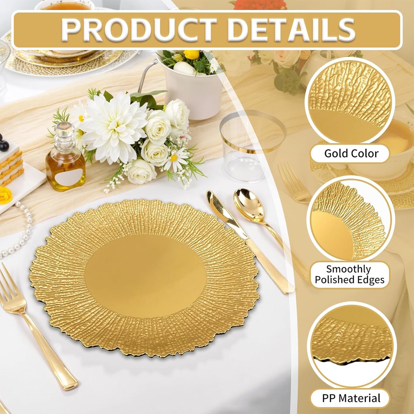 Maeklon 100 Pcs Gold Chargers for Dinner Plates, 13" Reusable Reef Serving Gold Chargers, Round Plastic Shiny Decorative Charger Plates for Wedding, Catering, Parties, Restaurant, Home Dinner Use