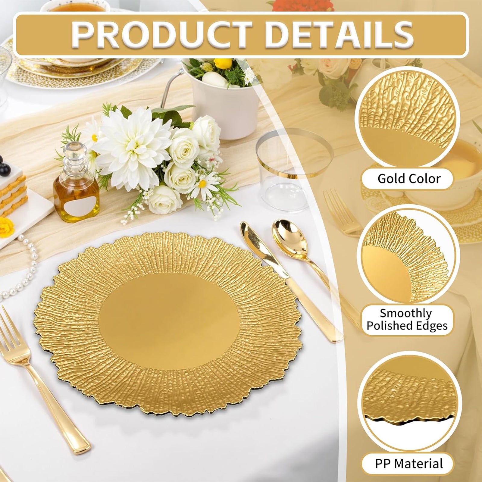 Maeklon 100 Pcs Gold Chargers for Dinner Plates, 13" Reusable Reef Serving Gold Chargers, Round Plastic Shiny Decorative Charger Plates for Wedding, Catering, Parties, Restaurant, Home Dinner Use
