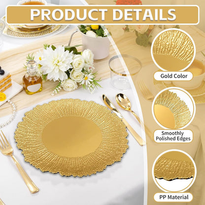 Maeklon 100 Pcs Gold Chargers for Dinner Plates, 13" Reusable Reef Serving Gold Chargers, Round Plastic Shiny Decorative Charger Plates for Wedding, Catering, Parties, Restaurant, Home Dinner Use