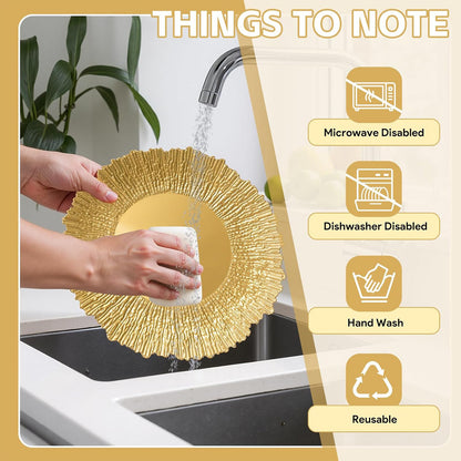 Maeklon 100 Pcs Gold Chargers for Dinner Plates, 13" Reusable Reef Serving Gold Chargers, Round Plastic Shiny Decorative Charger Plates for Wedding, Catering, Parties, Restaurant, Home Dinner Use