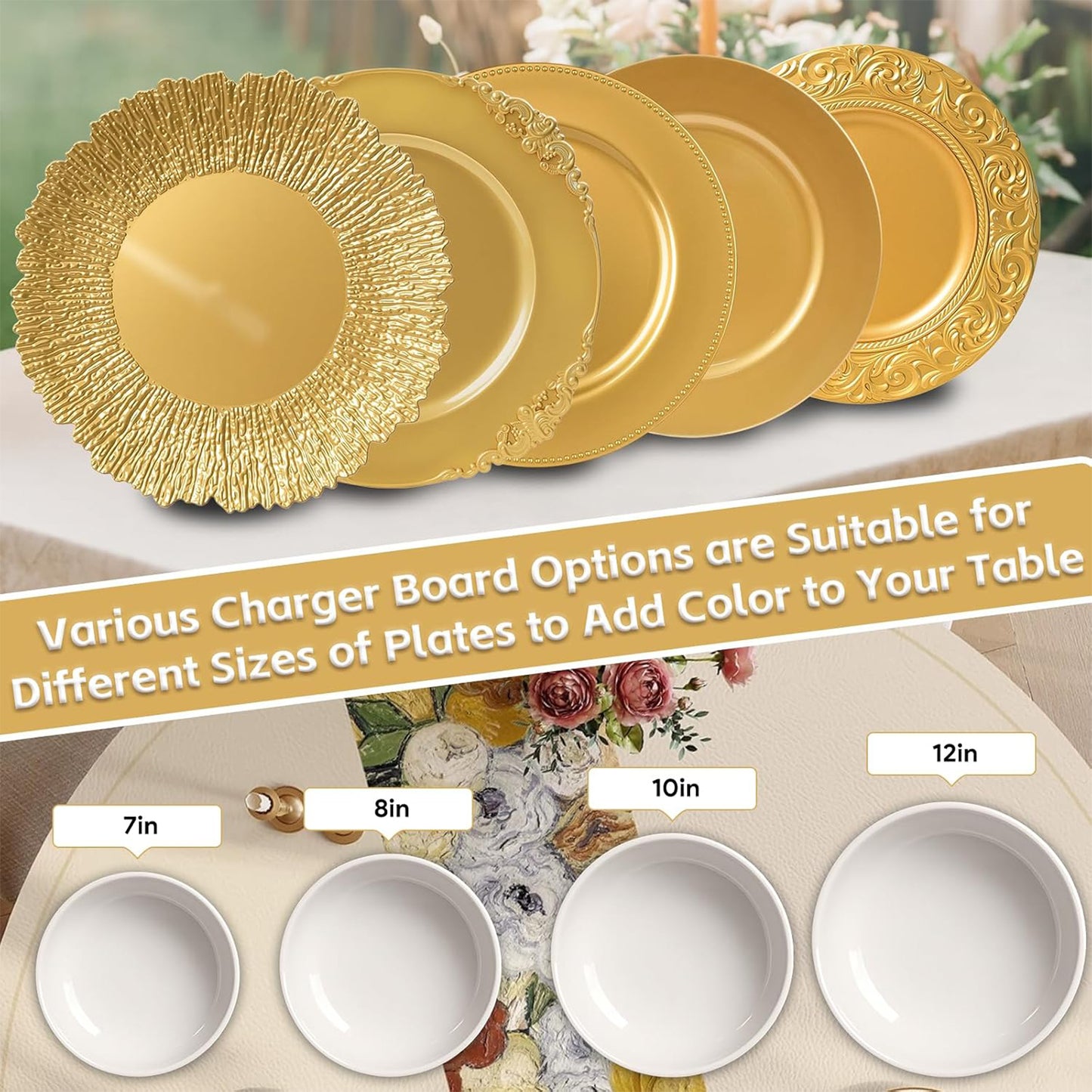 Maeklon 100 Pcs Gold Chargers for Dinner Plates, 13" Reusable Reef Serving Gold Chargers, Round Plastic Shiny Decorative Charger Plates for Wedding, Catering, Parties, Restaurant, Home Dinner Use