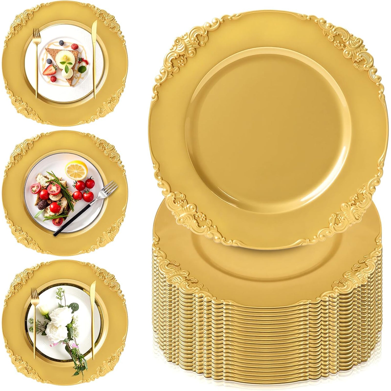 Maeklon 100 Pcs Gold Charger Plates Bulk, 13" Round Charger Plates with Embossed Rim, Decorative Dinner Gold Chargers for Table Setting, Wedding, Party, Event