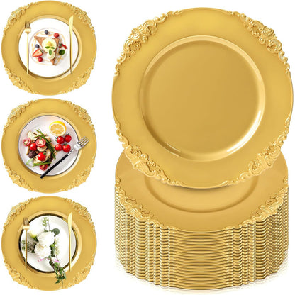 Maeklon 100 Pcs Gold Charger Plates Bulk, 13" Round Charger Plates with Embossed Rim, Decorative Dinner Gold Chargers for Table Setting, Wedding, Party, Event