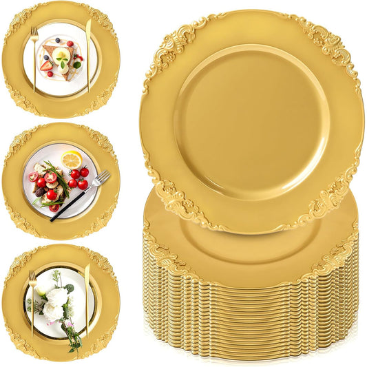 Maeklon 100 Pcs Gold Charger Plates Bulk, 13" Round Charger Plates with Embossed Rim, Decorative Dinner Gold Chargers for Table Setting, Wedding, Party, Event