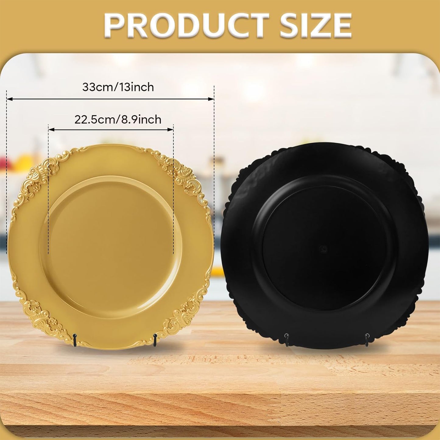 Maeklon 100 Pcs Gold Charger Plates Bulk, 13" Round Charger Plates with Embossed Rim, Decorative Dinner Gold Chargers for Table Setting, Wedding, Party, Event