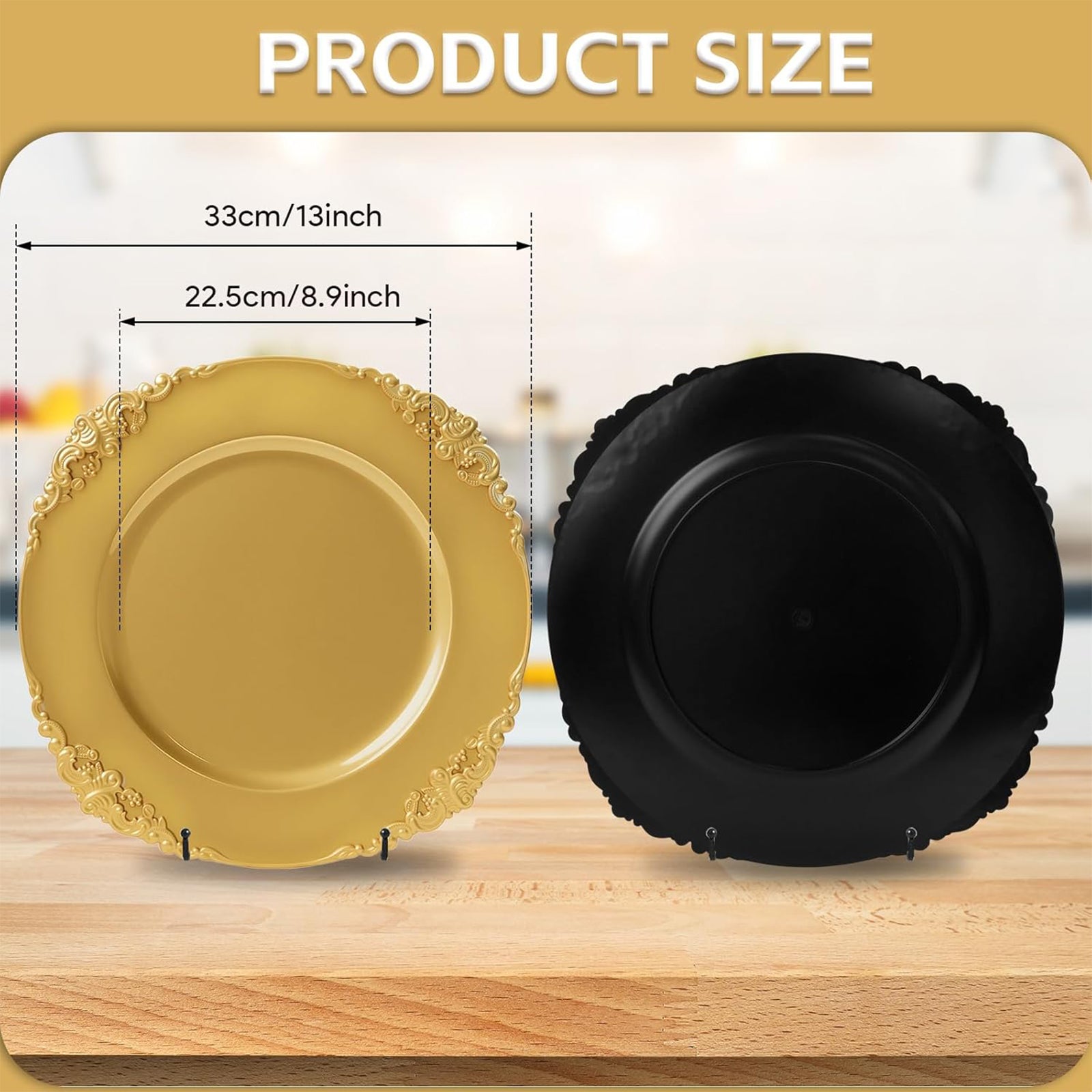 Maeklon 100 Pcs Gold Charger Plates Bulk, 13" Round Charger Plates with Embossed Rim, Decorative Dinner Gold Chargers for Table Setting, Wedding, Party, Event
