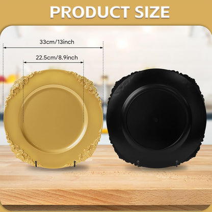 Maeklon 100 Pcs Gold Charger Plates Bulk, 13" Round Charger Plates with Embossed Rim, Decorative Dinner Gold Chargers for Table Setting, Wedding, Party, Event