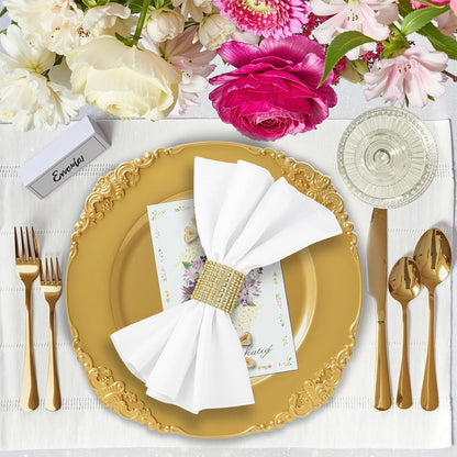 Maeklon 100 Pcs Gold Charger Plates Bulk, 13" Round Charger Plates with Embossed Rim, Decorative Dinner Gold Chargers for Table Setting, Wedding, Party, Event