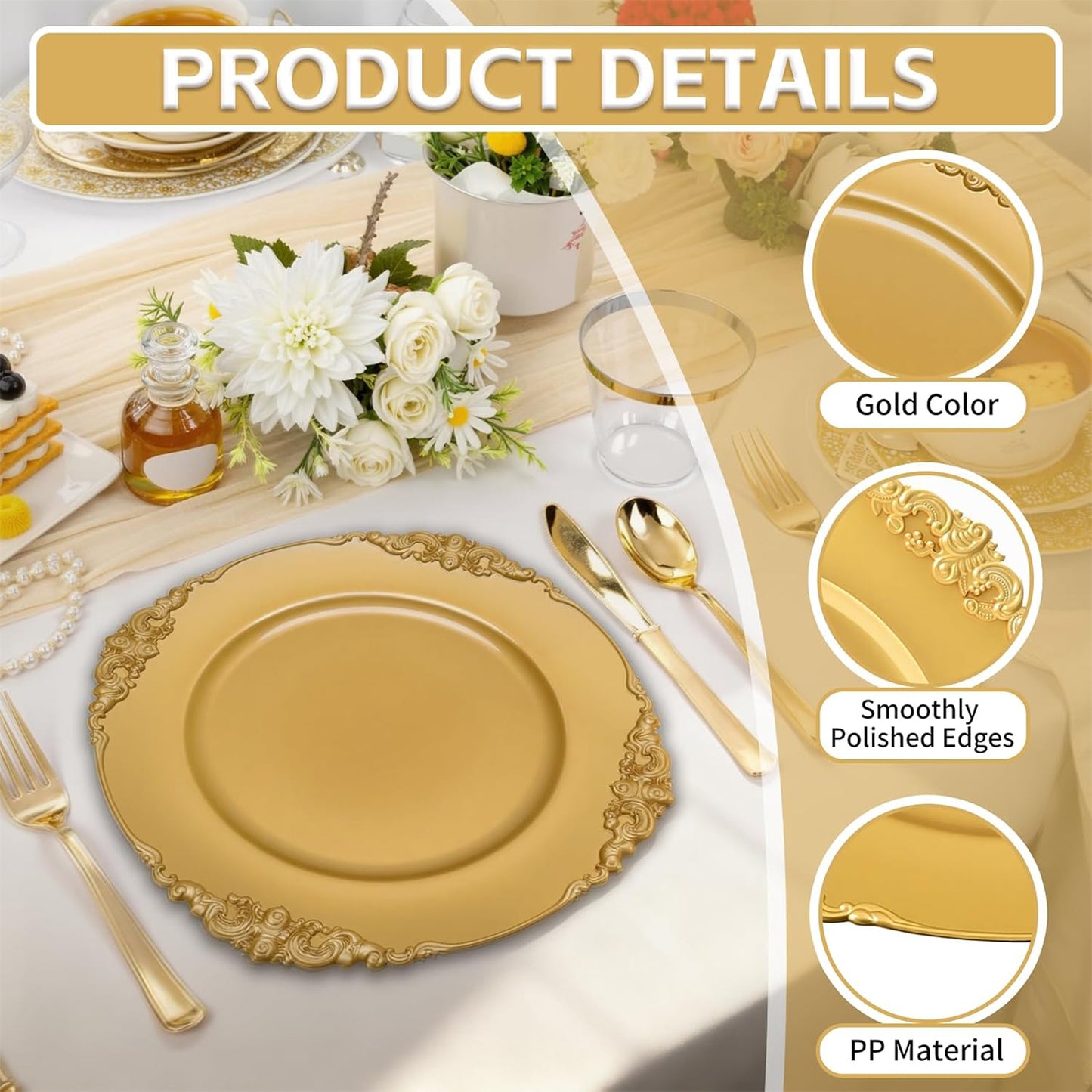Maeklon 100 Pcs Gold Charger Plates Bulk, 13" Round Charger Plates with Embossed Rim, Decorative Dinner Gold Chargers for Table Setting, Wedding, Party, Event