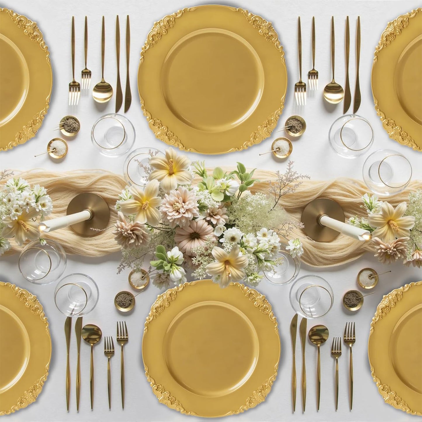 Maeklon 100 Pcs Gold Charger Plates Bulk, 13" Round Charger Plates with Embossed Rim, Decorative Dinner Gold Chargers for Table Setting, Wedding, Party, Event