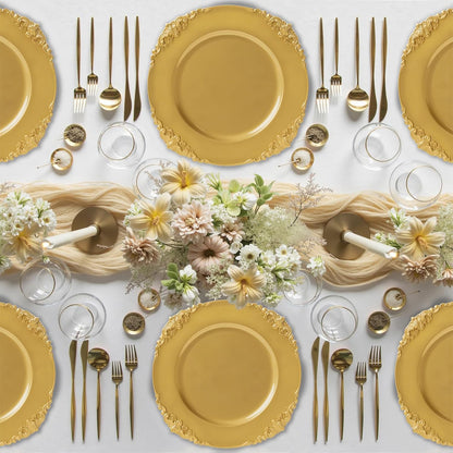Maeklon 100 Pcs Gold Charger Plates Bulk, 13" Round Charger Plates with Embossed Rim, Decorative Dinner Gold Chargers for Table Setting, Wedding, Party, Event