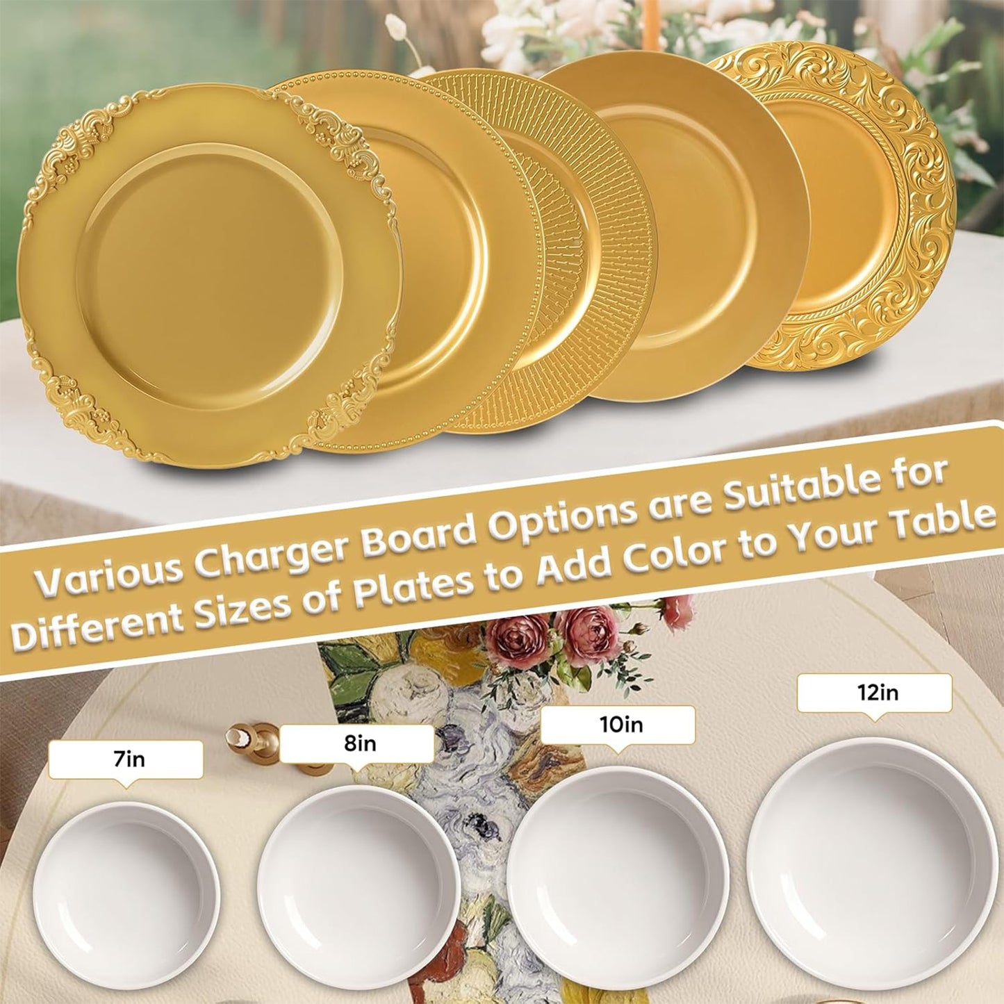 Maeklon 100 Pcs Gold Charger Plates Bulk, 13" Round Charger Plates with Embossed Rim, Decorative Dinner Gold Chargers for Table Setting, Wedding, Party, Event