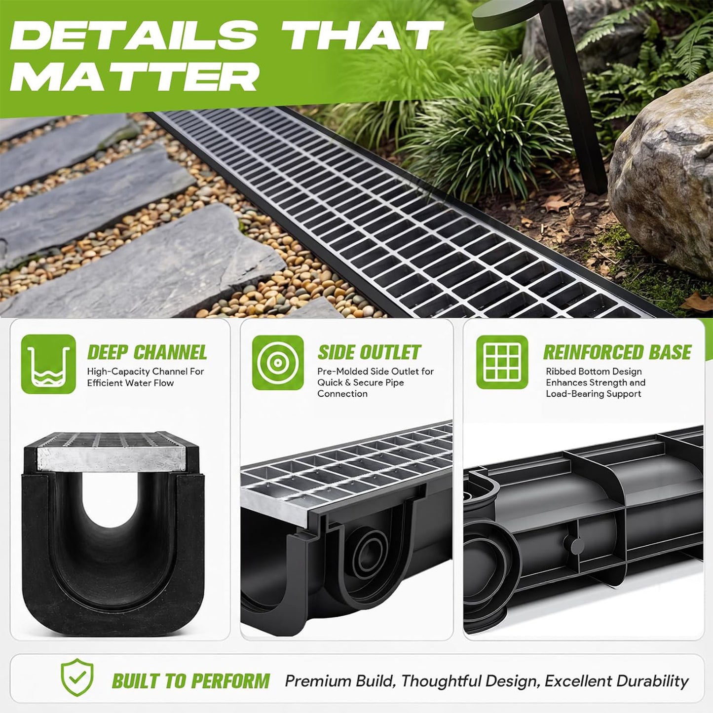 Maeklon 3 Pack 39.8 Inch Trench Drain Channel with Galvanized Steel Grate | 339.8"L x 6.1"W x 5.6"H Heavy Duty Linear Drainage Channel for Driveway, Patio, Garage and Landscape Water Drainage