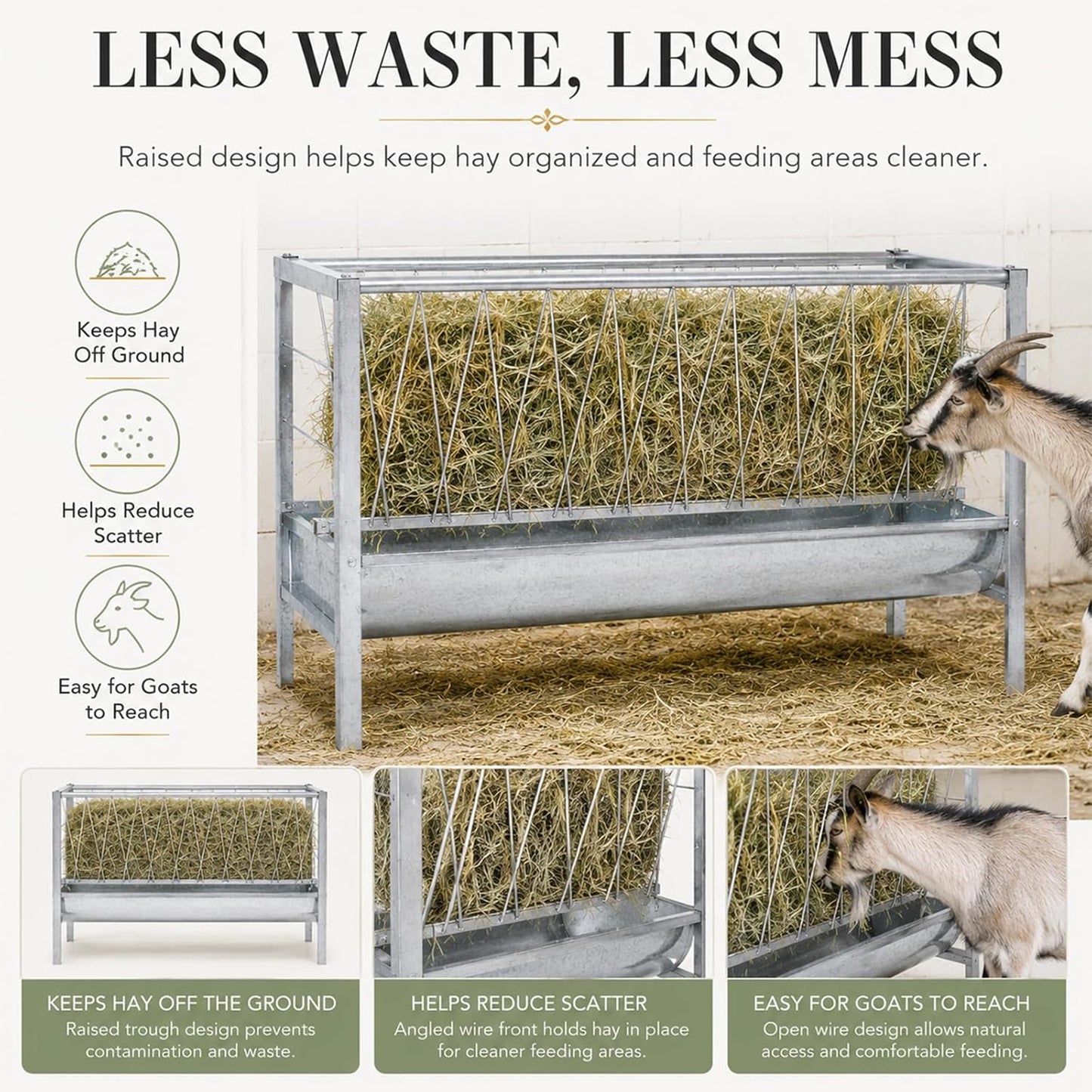 Maeklon 94 Gallon Livestock Hay Feeder, Large Capacity Outdoor Feed Storage Bin | 63" x 27.2" x 36.2" outdoor feeder with spacious hay storage for goats, horses, sheep and other livestock.