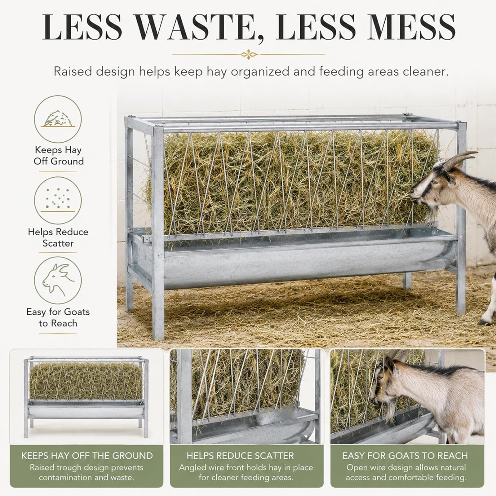 Maeklon 94 Gallon Livestock Hay Feeder, Large Capacity Outdoor Feed Storage Bin | 63" x 27.2" x 36.2" outdoor feeder with spacious hay storage for goats, horses, sheep and other livestock.