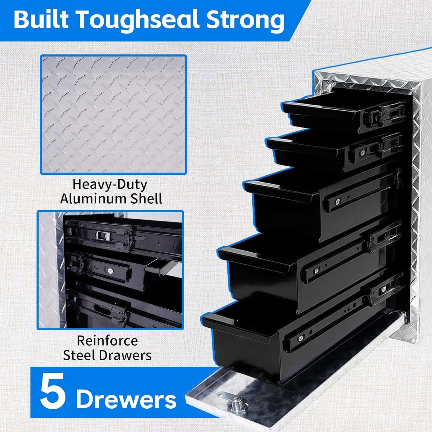 Maeklon Truck Bed Tool Box with 5-Drawer Slides, Heavy Wall Aluminum Truck Bed Tool Box, Lockable Tool Chest Storage for Pickup, Jobsite and Side Trucks, Silver