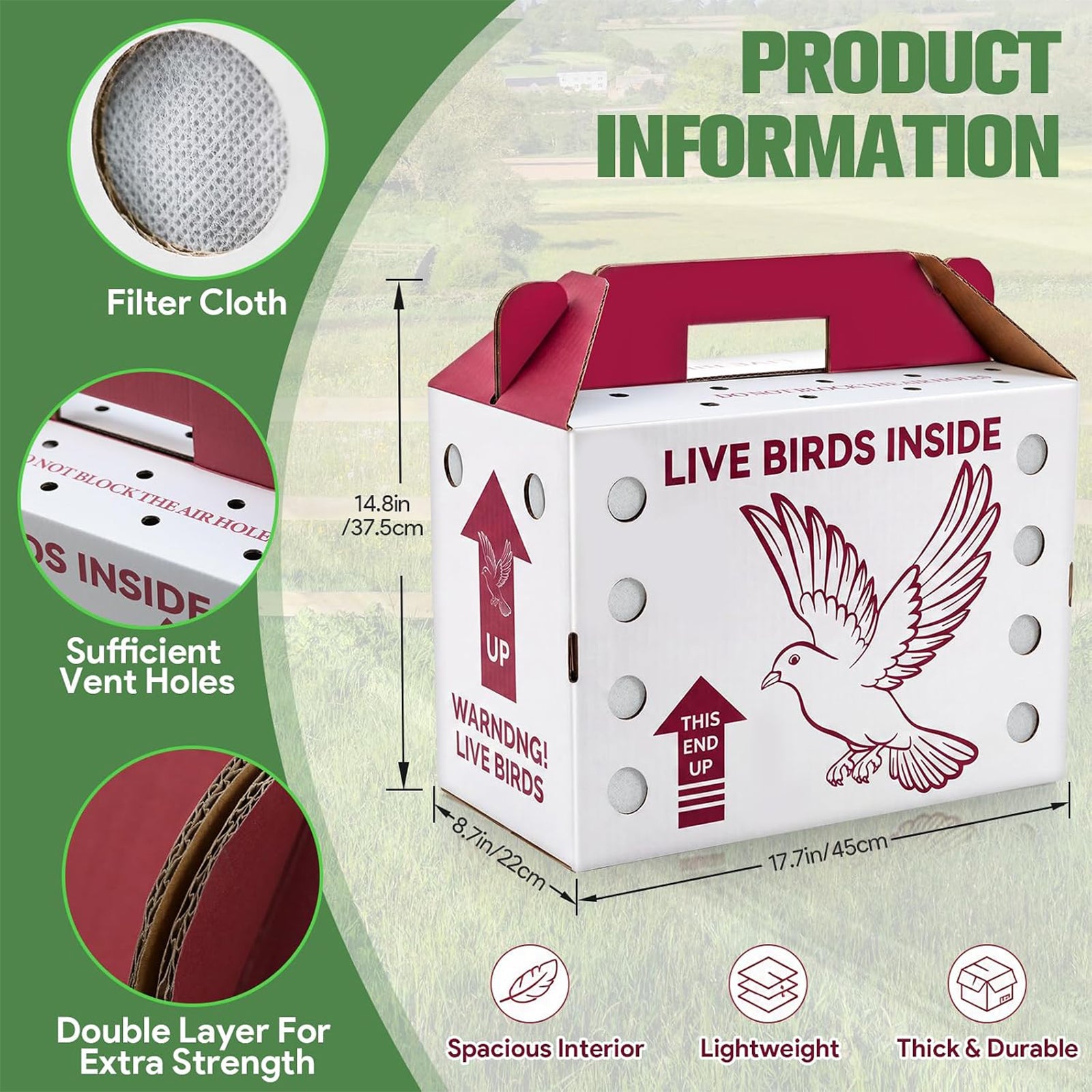 Maeklon 15 Pack Live Chicken Shipping Boxes, 17.5" x 8.5" x 15" Poultry Box | Vented Corrugated Cardboard Transport Boxes with Air Holes, Bottom Board Support and Vent Film for Poultry Shipping