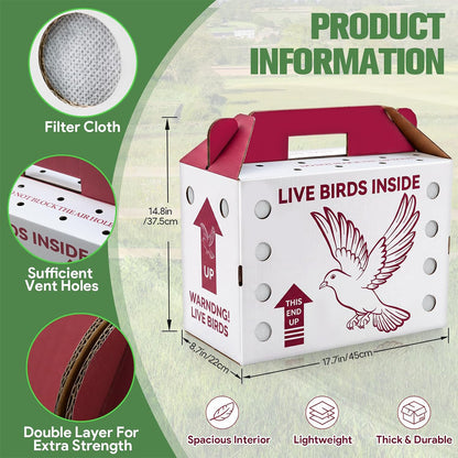 Maeklon 15 Pack Live Chicken Shipping Boxes, 17.5" x 8.5" x 15" Poultry Box | Vented Corrugated Cardboard Transport Boxes with Air Holes, Bottom Board Support and Vent Film for Poultry Shipping