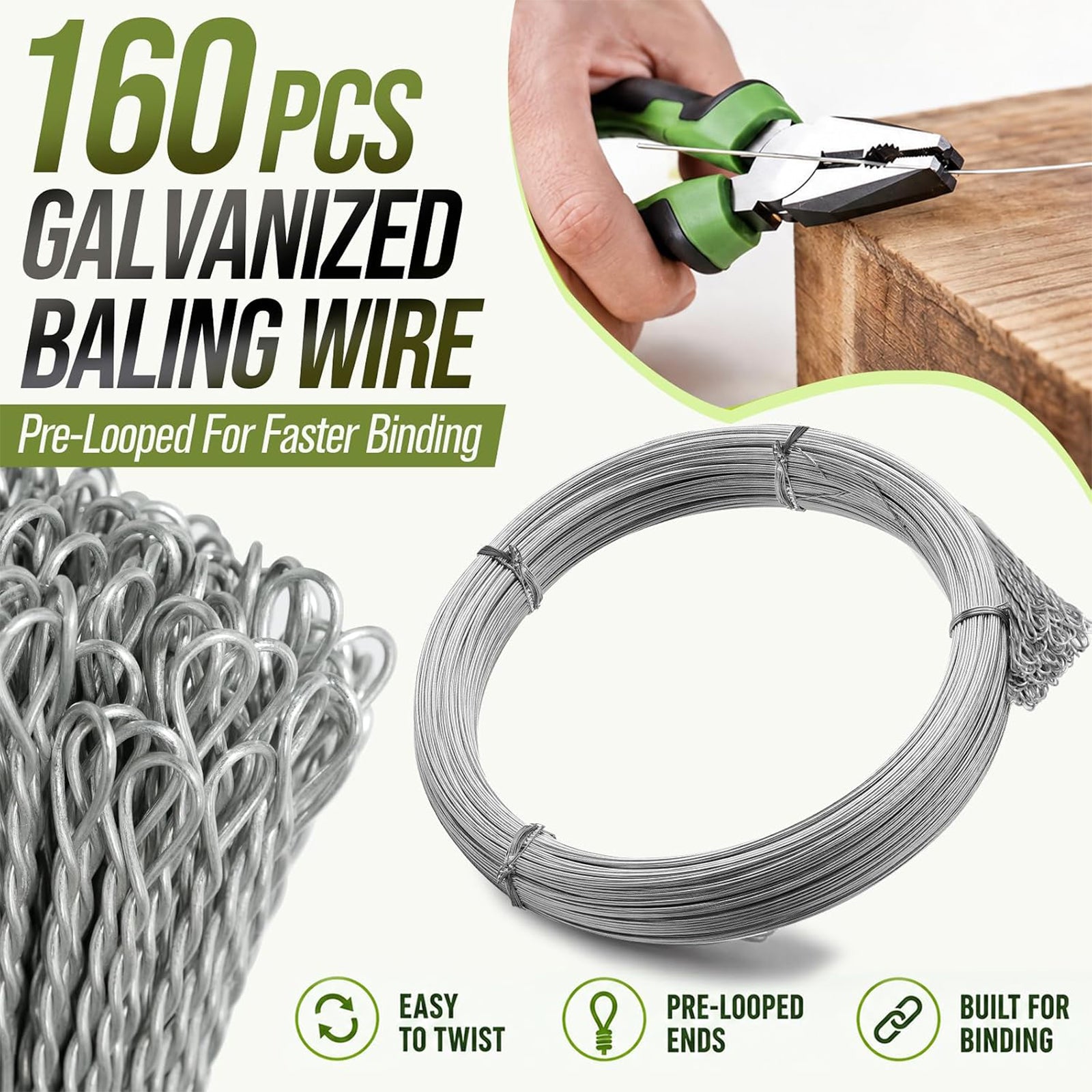 Maeklon 14 Gauge Bale Wire, 14 Ft Galvanized Steel Baling Wire for Manual Baler | 160 Pack 14 Ft Bale Wire for Vertical and Horizontal Baler, Cardboard Recycling and Waste Bundling