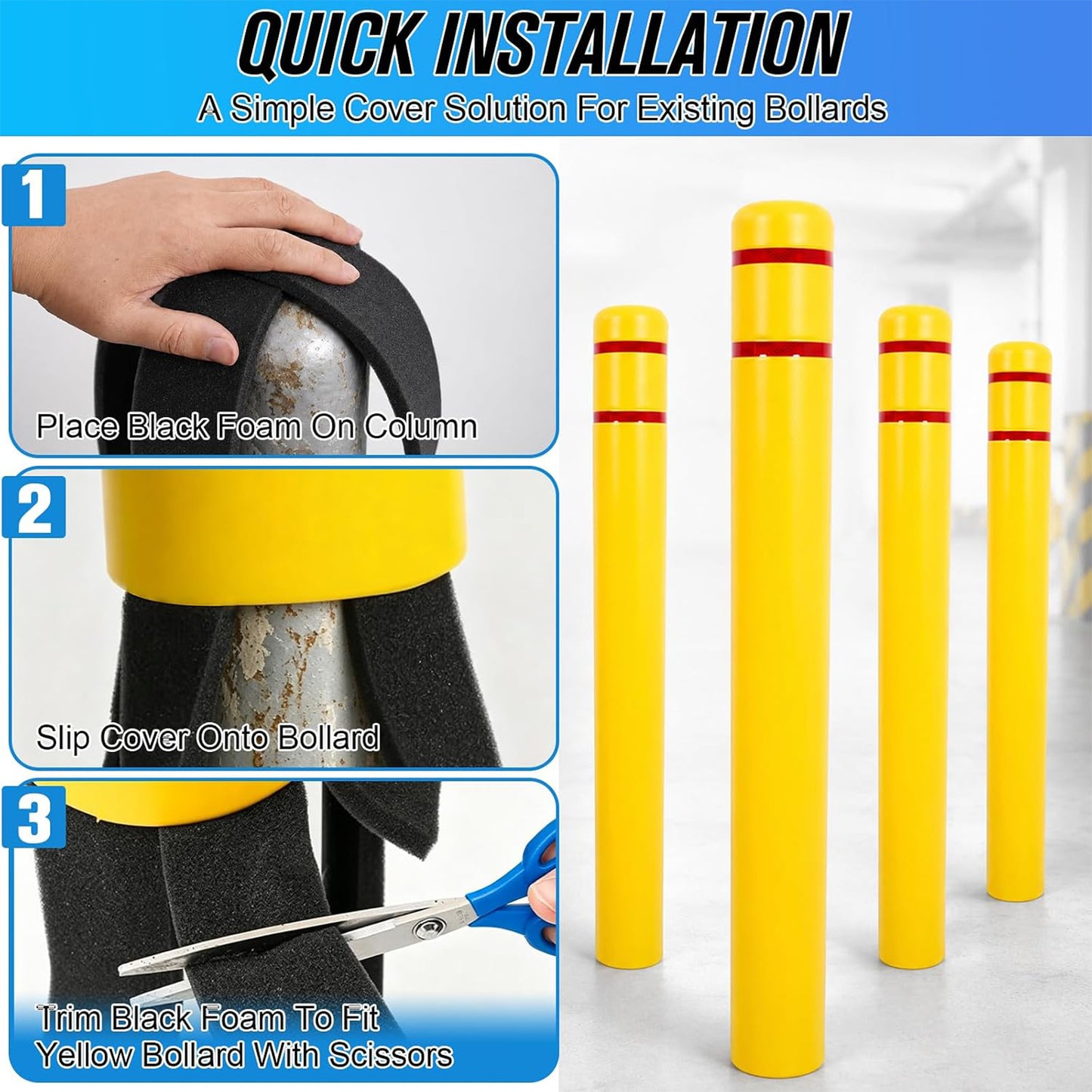 Maeklon Bollard Cover 5"x52" Yellow Safety Sleeve for Parking Posts | High Visibility Yellow Bollard Sleeve with Foam Padding Strips, Fits 5 Inch Posts for Parking Lots, Garages and Traffic Areas