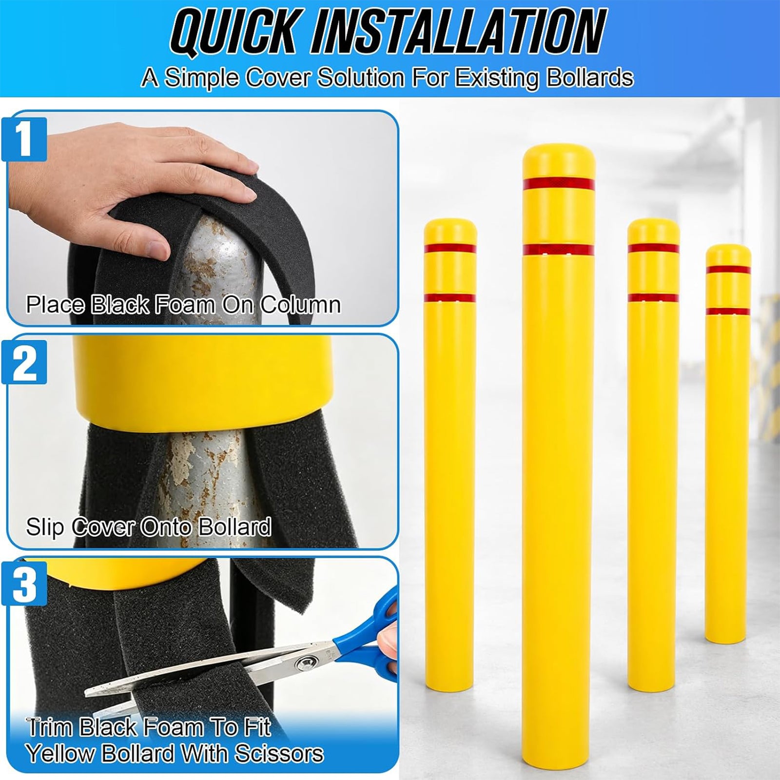 Maeklon Bollard Cover 5"x52" Yellow Safety Sleeve for Parking Posts | High Visibility Yellow Bollard Sleeve with Foam Padding Strips, Fits 5 Inch Posts for Parking Lots, Garages and Traffic Areas