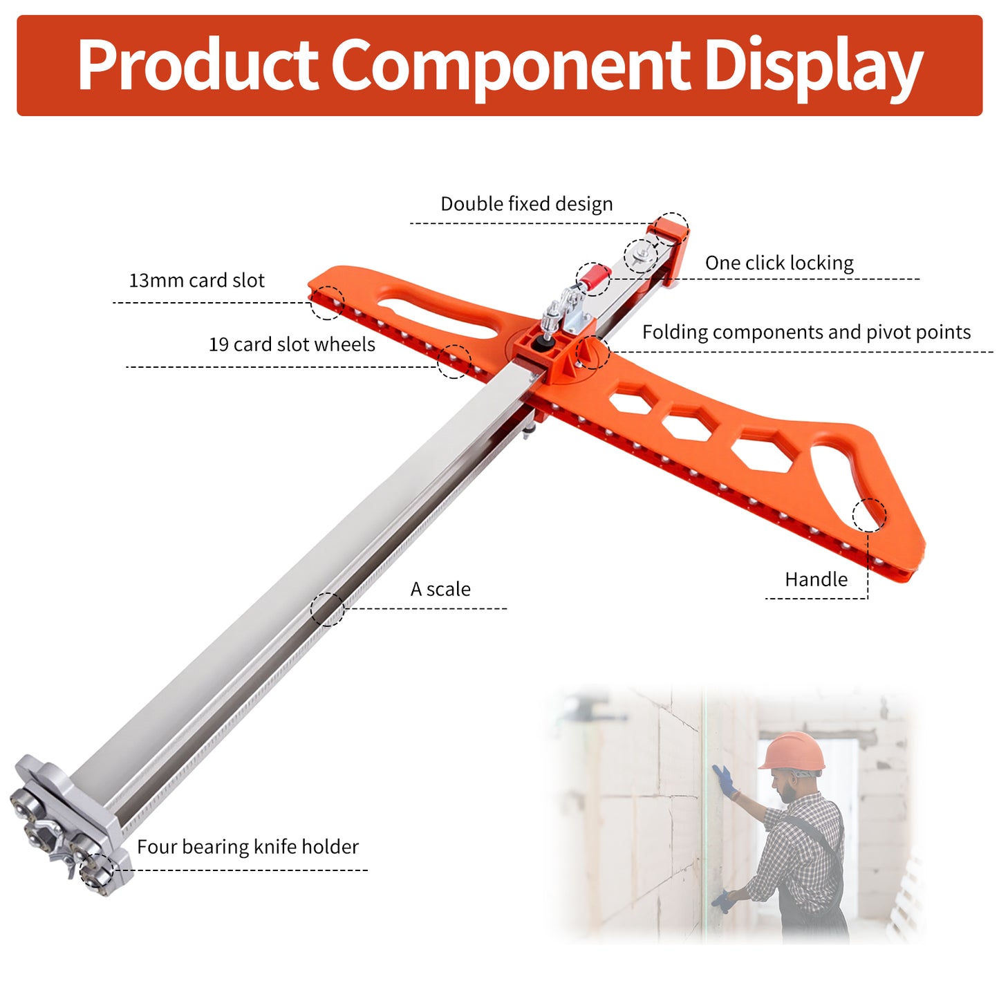 Maeklon Foldable Drywall Cutting Tool, Hand Push Drywall Cutout with 19 Wheels, 1.5 to 61cm Cutting width, Adjustable Plasterboard Cutter, for Wall, Decoration, Build
