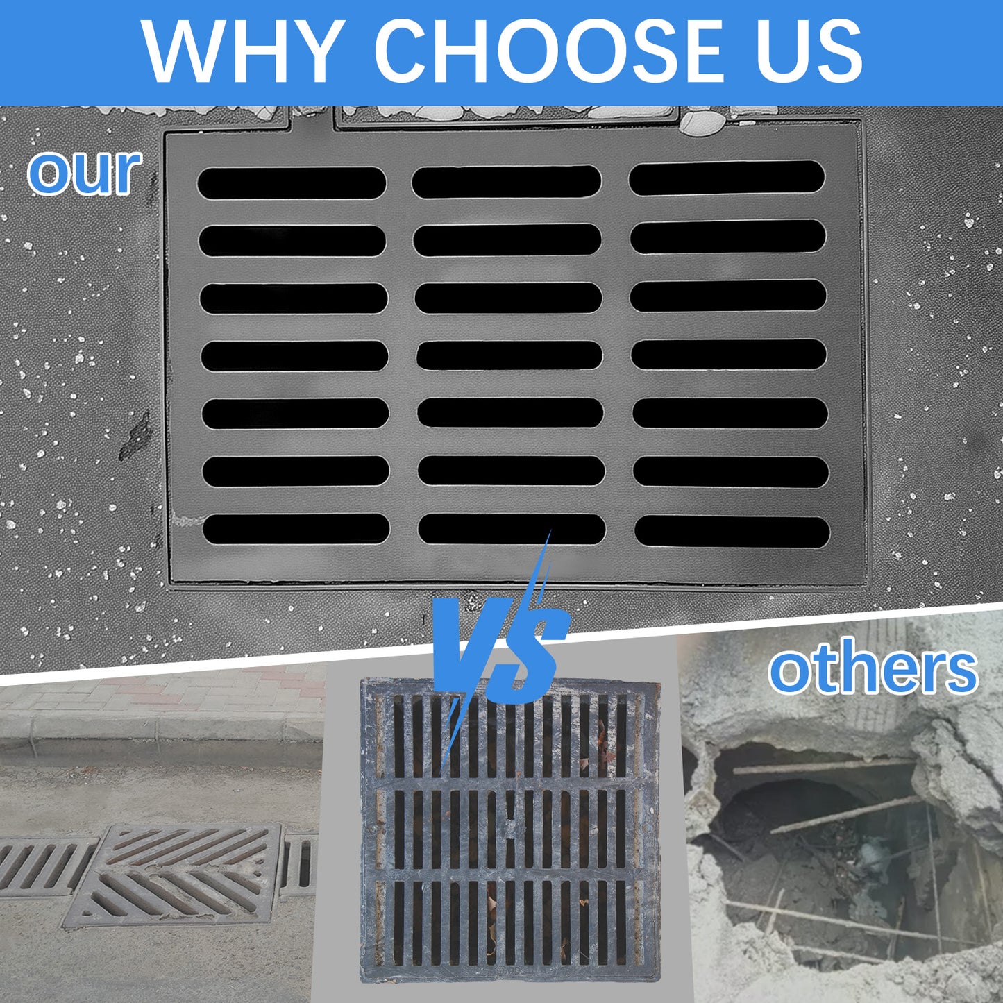 Maeklon 24x24 in Cast Iron Drain Grate, 27557 lbs Heavy-Duty Driveway Channel Cover, Durable Metal Square Sewer Grate for Driveway, Concrete, Garage, Black Finish