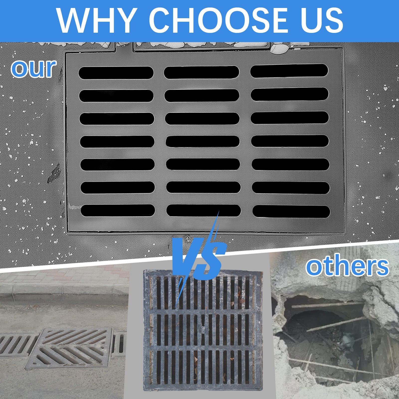 Maeklon 24x24 in Cast Iron Drain Grate, 27557 lbs Heavy-Duty Driveway Channel Cover, Durable Metal Square Sewer Grate for Driveway, Concrete, Garage, Black Finish