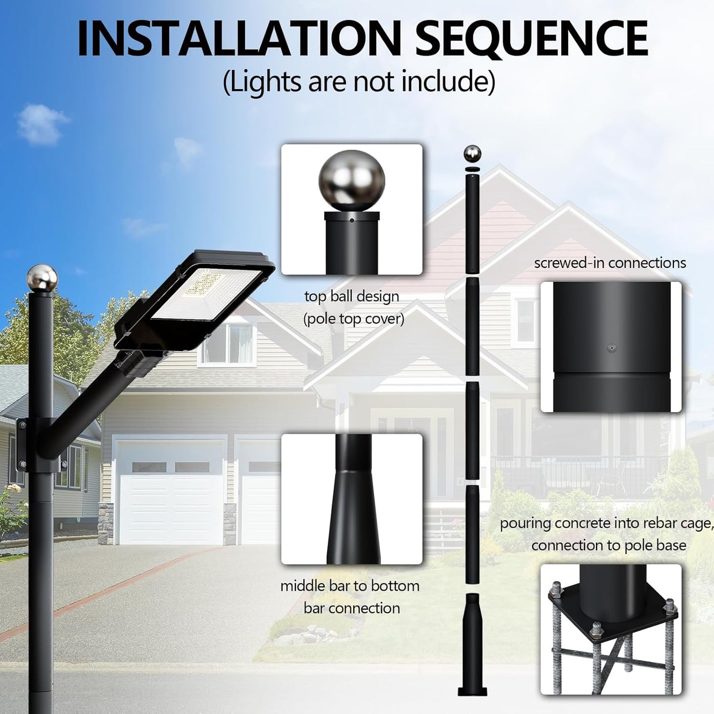 Maeklon 16 Ft Tall Street Light Pole, Outdoor Adjustable Stainless Steel Street Llight Pole,Street Light Installation Pole with Mounting Rebar Cage Base Accessory, for Parking Lot, Walkway (Black)