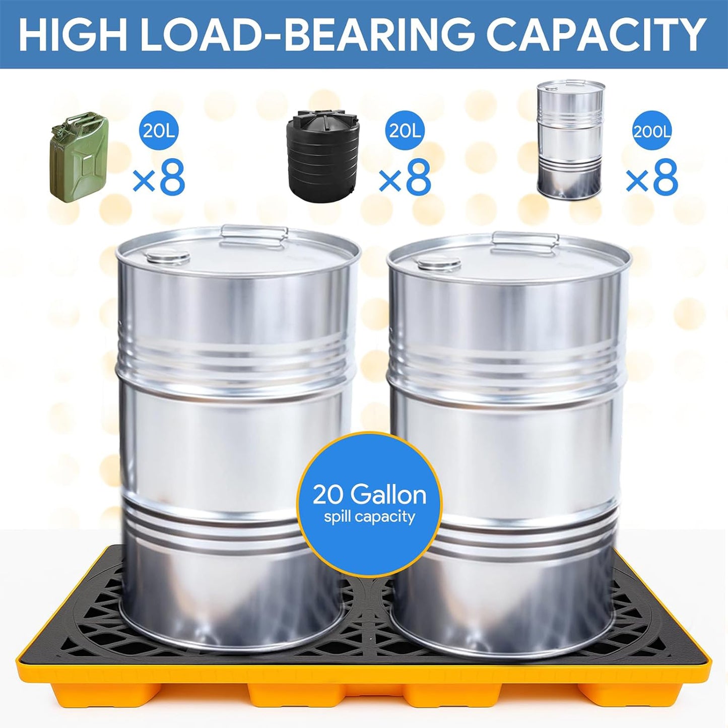 2 Drum Spill Containment Platform 2000 lbs Load Capacity, Industrial Tray | 48" x 24" Spill Containment Pallet with 20 Gallon Capacity, Heavy Duty Drum Tray for Warehouse and Industrial Storage