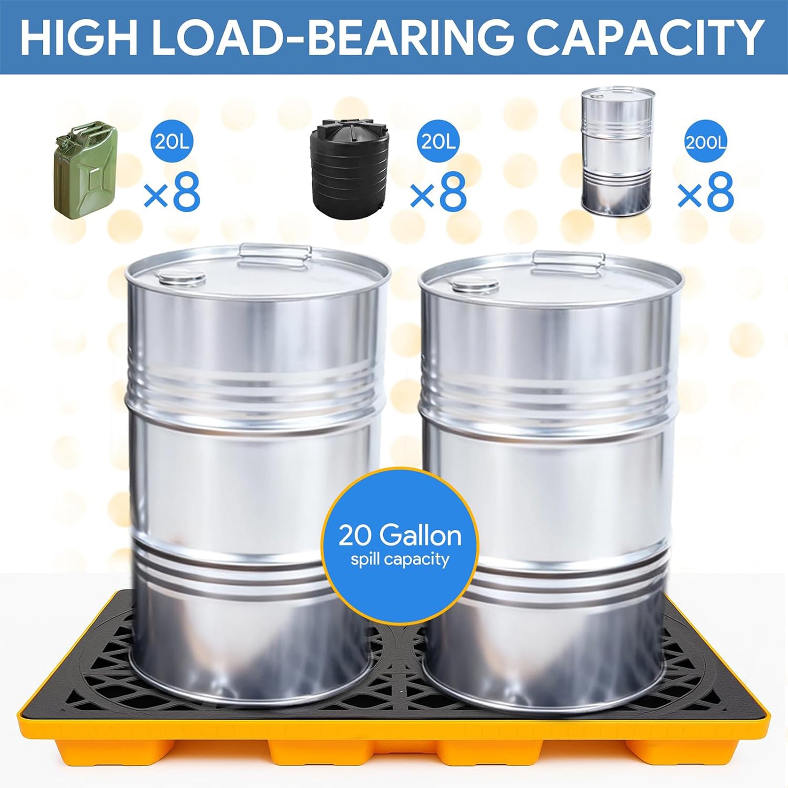2 Drum Spill Containment Platform 2000 lbs Load Capacity, Industrial Tray | 48" x 24" Spill Containment Pallet with 20 Gallon Capacity, Heavy Duty Drum Tray for Warehouse and Industrial Storage