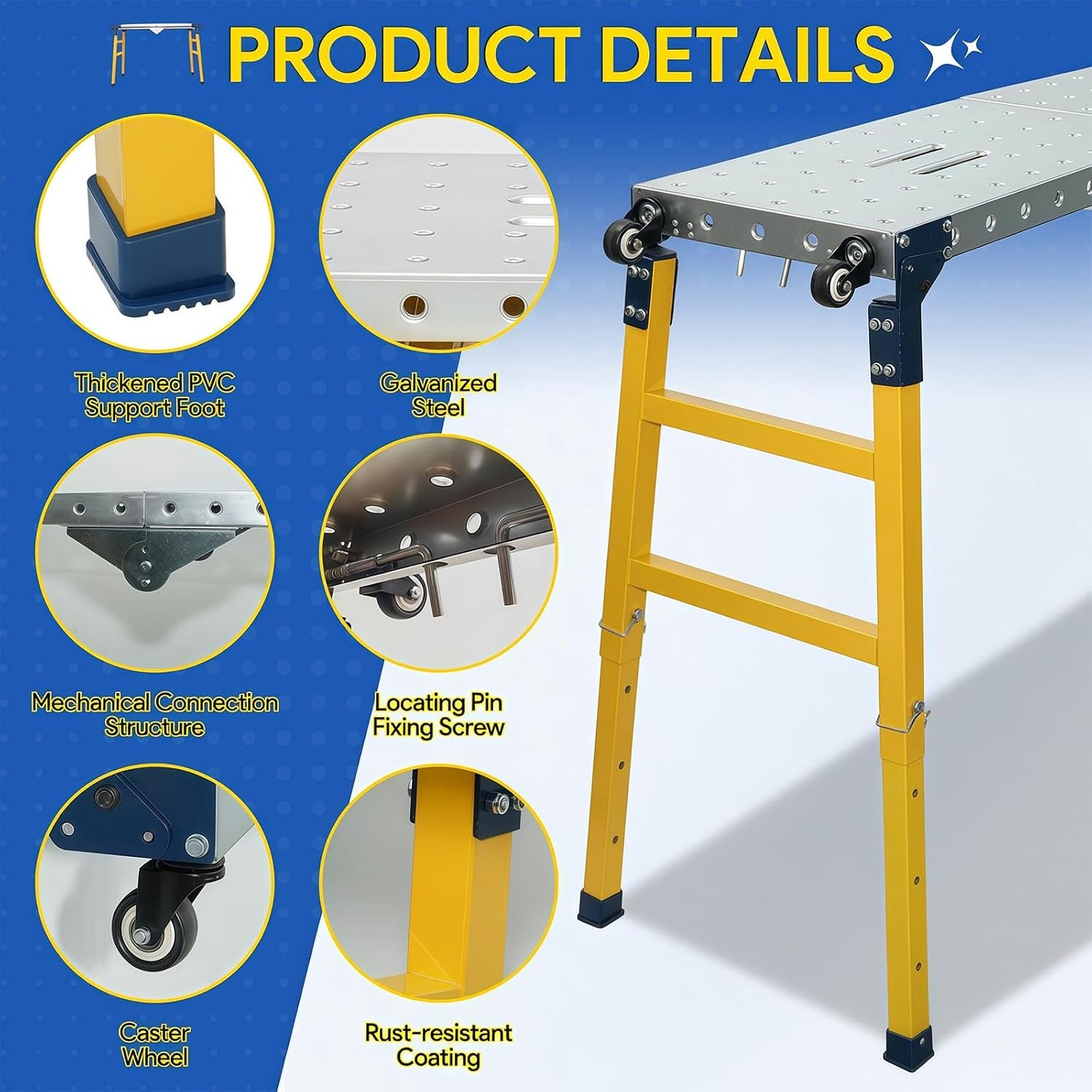 Scaffolding Work Platform with Wheels 47 x 14 in,1100 lb | Adjustable 20–35 In Height with Foldable Galvanize Steel Scaffold Platform For Painting, Construction, Maintenance